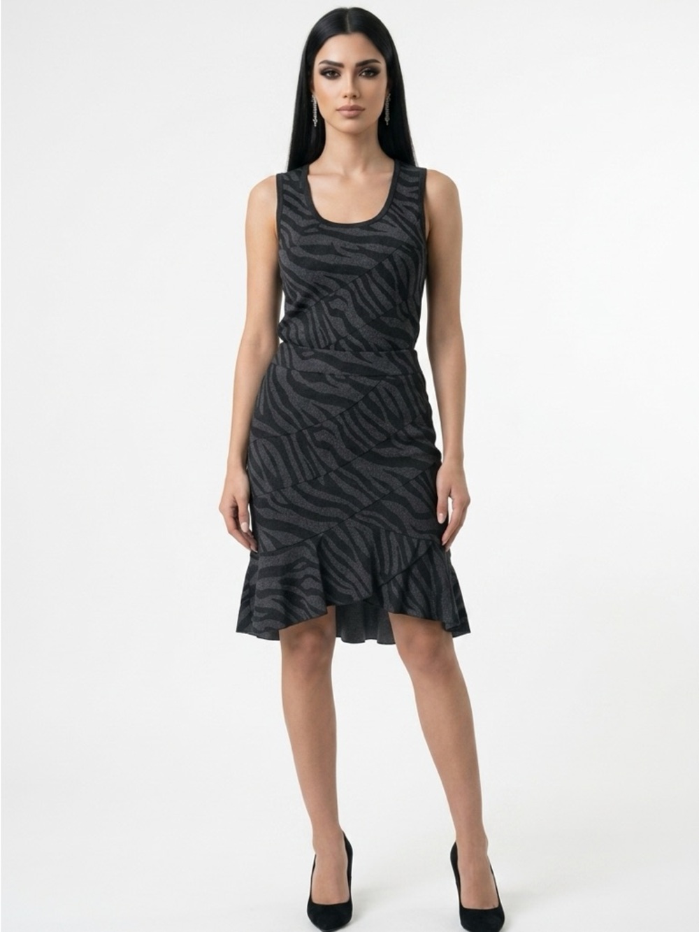 Sandro Sportswear Women's 18 Black Zebra-Print Flare Ruffle High Low Hem Skirt